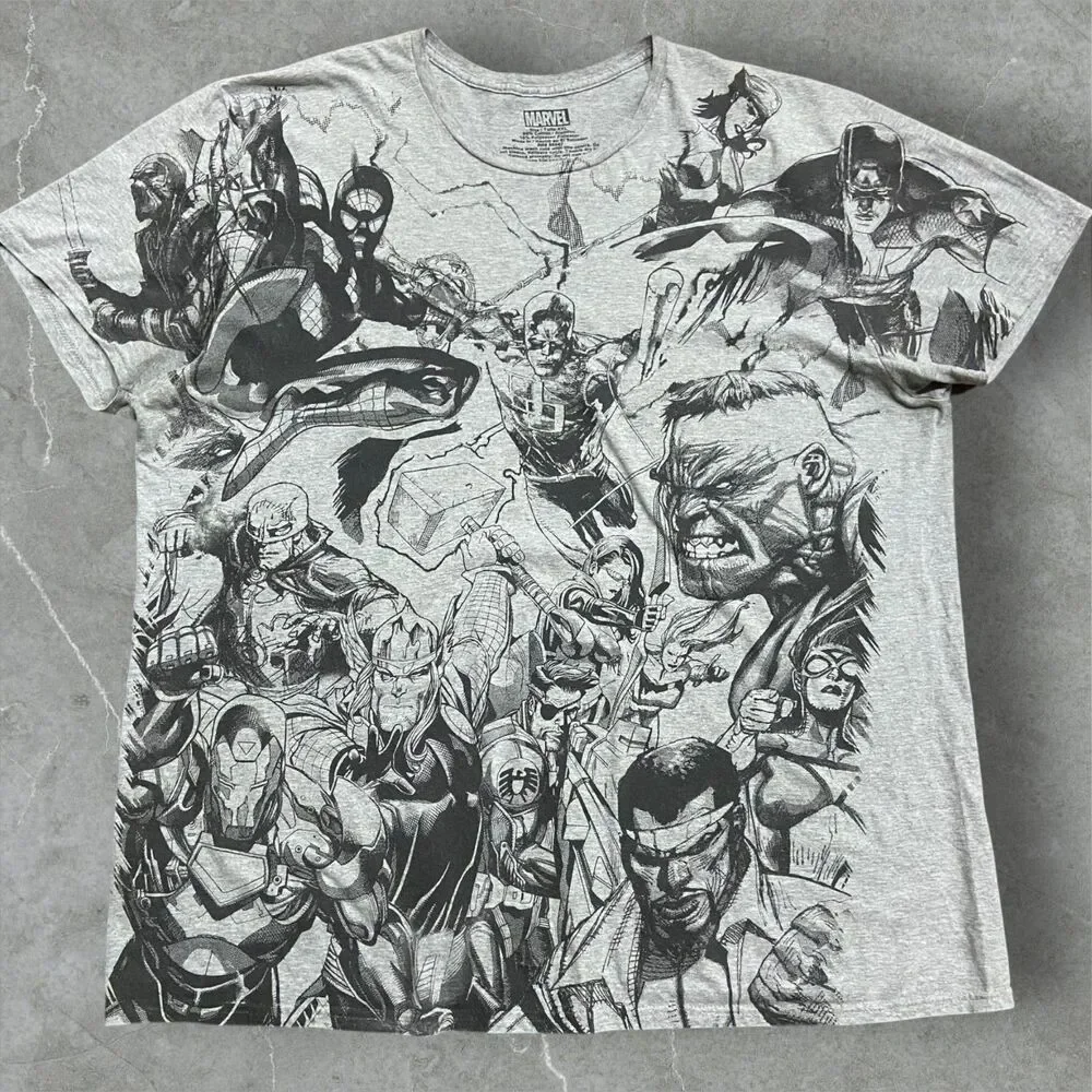 Marvel Team Ups Avengers Gray Black Big & Tall AOP Cotton T-Shirt Men's Size XXL